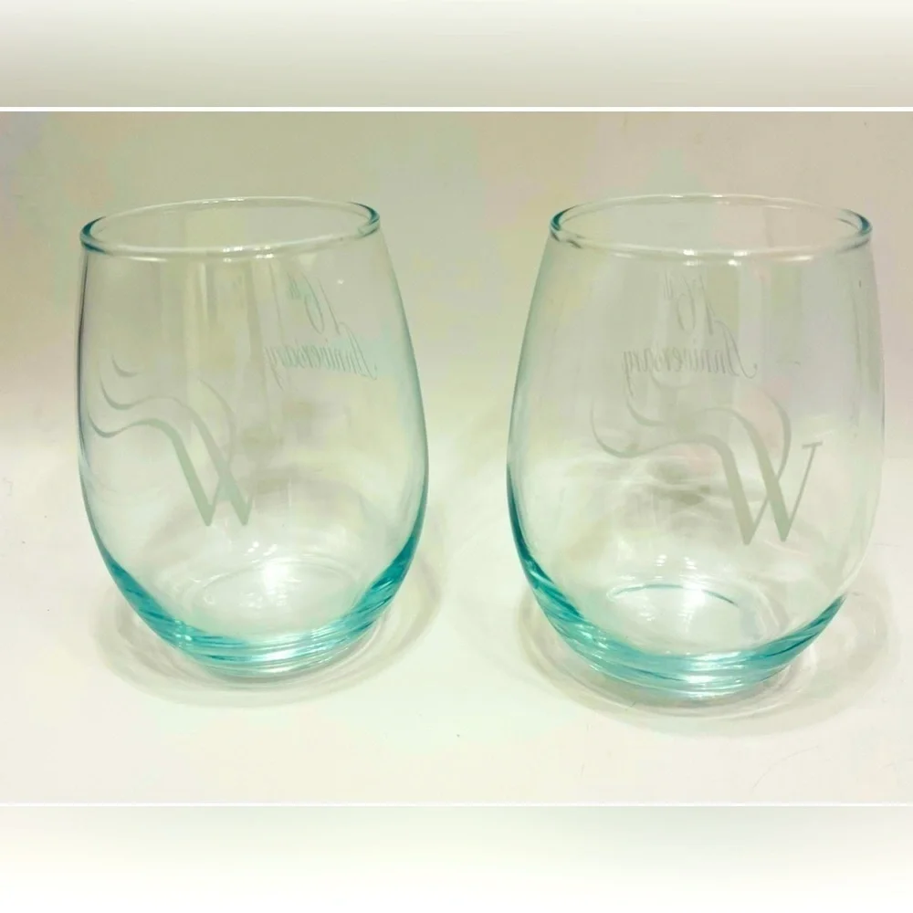 Set of 2 Stemless Wine Glasses 16th Anniversary Monogrammed W